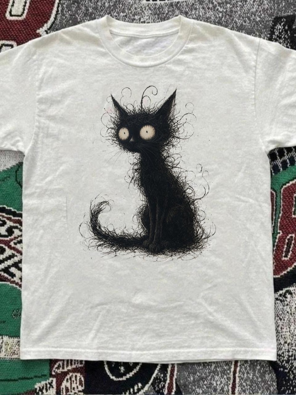 Gildan White Short Sleeve Tee with Black Fuzzy Cat Graphic
